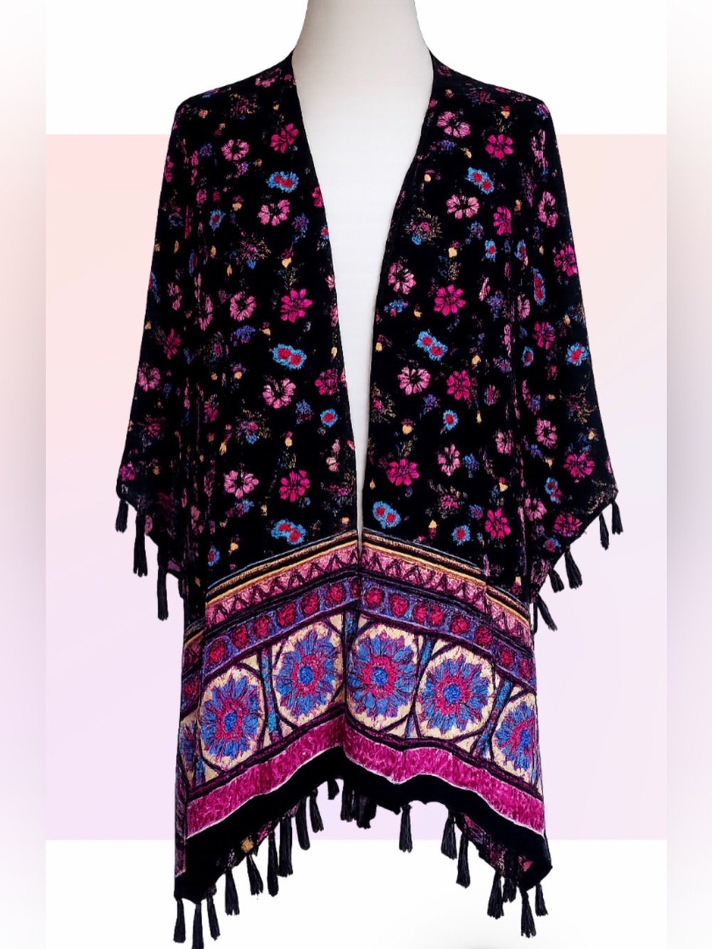 #F-02 Black Floral Fringe Kimono